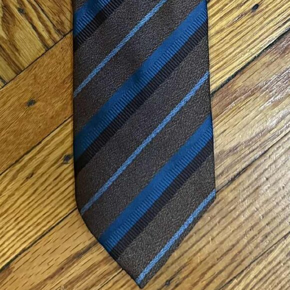 Gallieni 100% Silk Tie Made in Italy Brown & Blue Striped Necktie 63” x 3.5” Lux - Picture 2 of 5